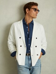 Reiss Blue Multi Delta Linen-Cotton Puppytooth Cutaway Collar Shirt - Image 3 of 6