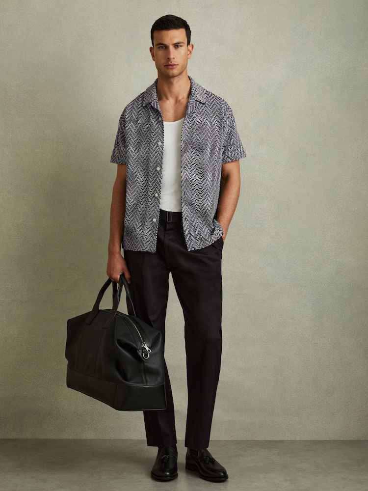 Reiss Navy Jono Zig-Zag Cuban Collar Shirt - Image 1 of 4