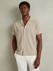 Reiss Oatmeal Jono Zig-Zag Cuban Collar Shirt - Image 1 of 4