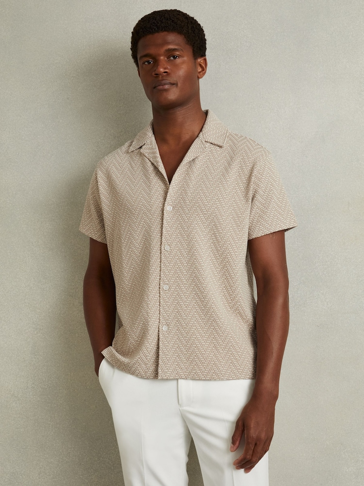 Reiss Oatmeal Jono Zig-Zag Cuban Collar Shirt - Image 1 of 4