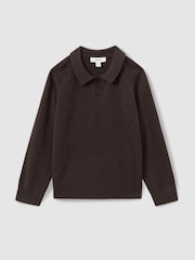 Reiss Chocolate Brown Grange Junior Wool-Cashmere Open Collar Polo Shirt - Image 2 of 4