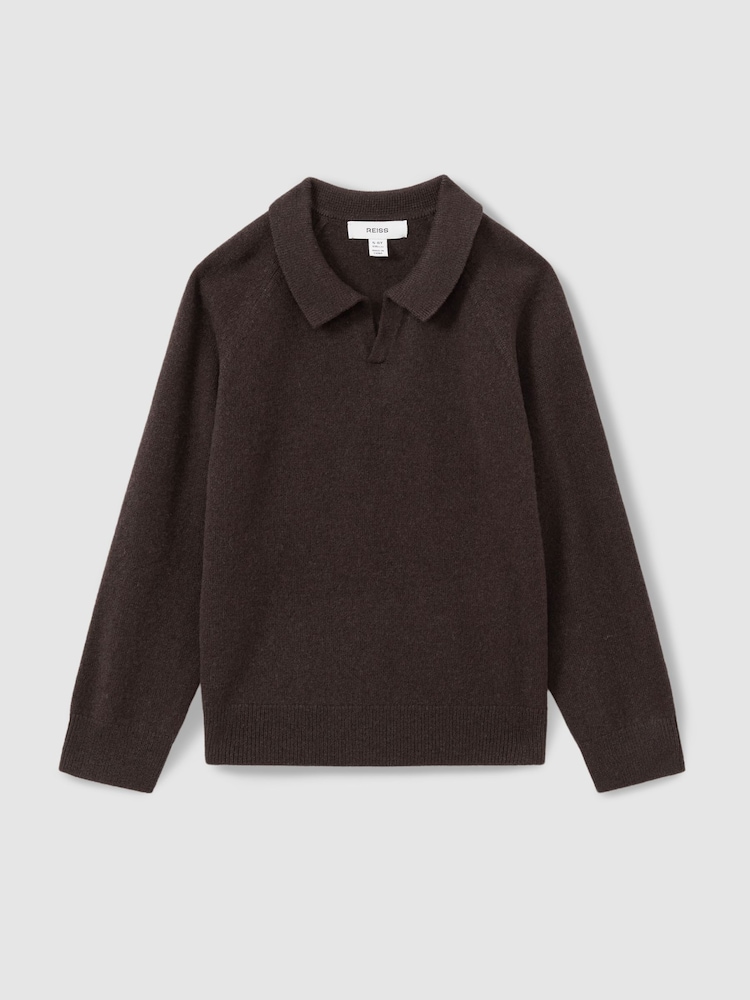 Reiss Chocolate Brown Grange Junior Wool-Cashmere Open Collar Polo Shirt - Image 2 of 4
