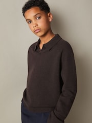 Reiss Chocolate Brown Grange Junior Wool-Cashmere Open Collar Polo Shirt - Image 3 of 4
