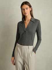 Reiss Charcoal Nixi Lyocell-Wool Open-Collar Top - Image 1 of 6