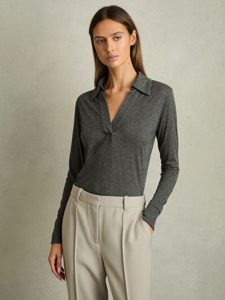 Reiss Charcoal Nixi Lyocell-Wool Open-Collar Top - Image 1 of 6