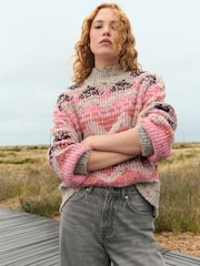 Pink Fluoro High Neck Patterned Neppy Stripe Knitted Jumper - Image 4 of 13