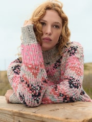 Pink Fluoro High Neck Patterned Neppy Stripe Knitted Jumper - Image 6 of 13