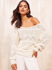 Friends Like These Ivory White Pointelle Off The Shoulder Jumper - Image 1 of 4