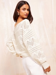 Friends Like These Ivory White Pointelle Off The Shoulder Jumper - Image 3 of 4