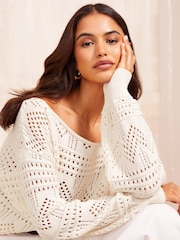 Friends Like These Ivory White Pointelle Off The Shoulder Jumper - Image 4 of 4