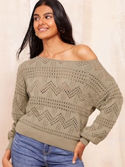 Friends Like These Khaki Green Pointelle Off The Shoulder Jumper - Image 1 of 4
