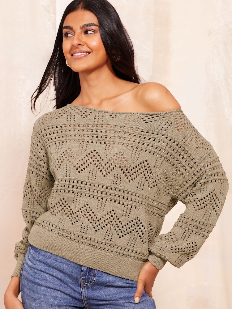 Friends Like These Khaki Green Pointelle Off The Shoulder Jumper - Image 1 of 4