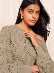 Friends Like These Khaki Green Pointelle Off The Shoulder Jumper - Image 2 of 4