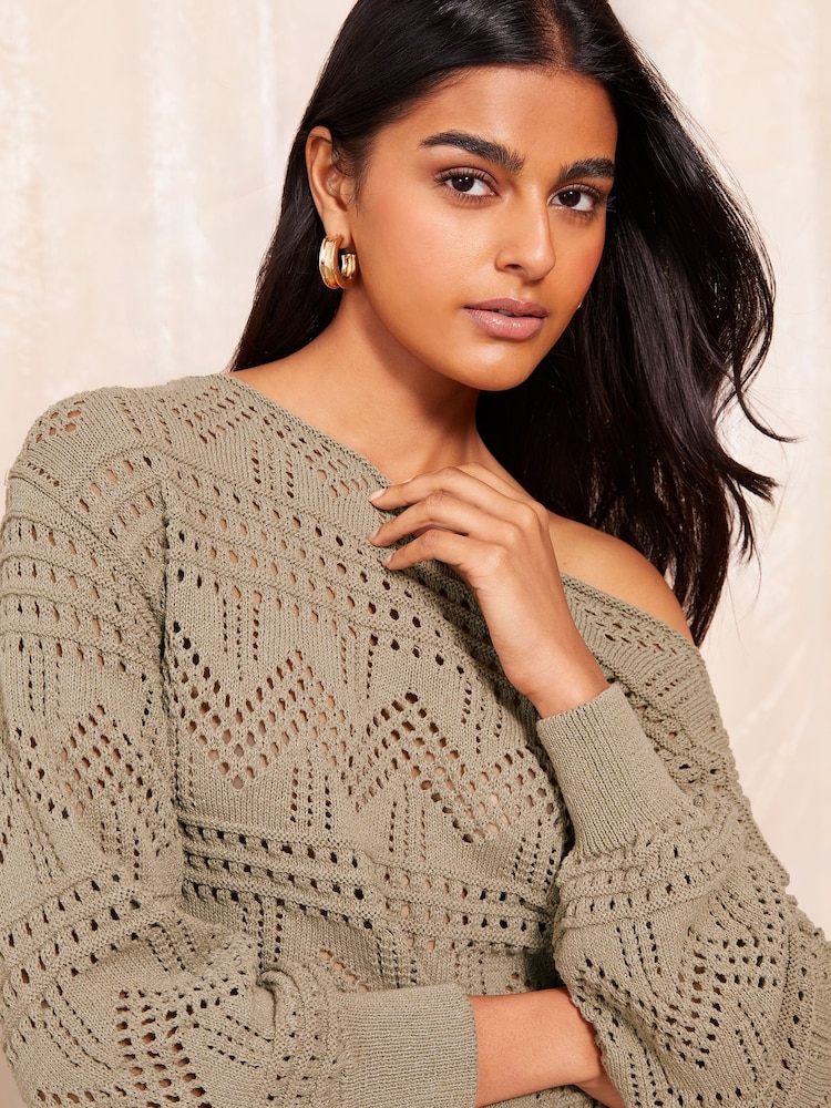 Friends Like These Khaki Green Pointelle Off The Shoulder Jumper - Image 2 of 4