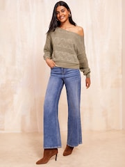 Friends Like These Khaki Green Pointelle Off The Shoulder Jumper - Image 3 of 4