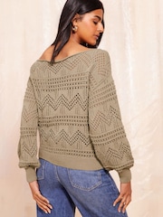 Friends Like These Khaki Green Pointelle Off The Shoulder Jumper - Image 4 of 4