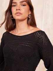 Friends Like These Black Pointelle Off The Shoulder Jumper - Image 3 of 4