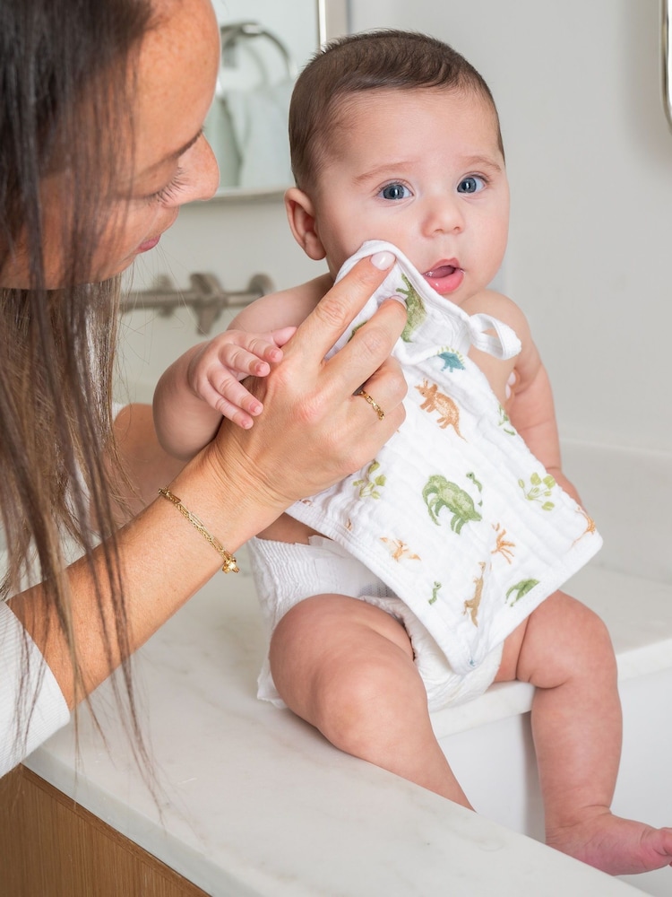 aden + anais Green Essentials 100% Cotton Washcloth Dino Jungle Muslins 3 Pack Set - Image 2 of 3 aden + anais Green Essentials 100% Cotton Washcloth Dino Jungle Muslins 3 Pack Set - Image 2 of 3