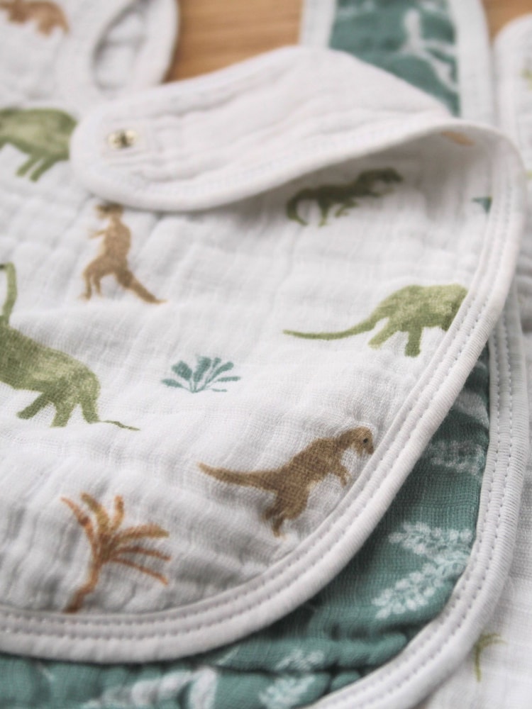 aden + anais Green Essentials 100% Cotton Baby Snap Bibs Dino Jungle Muslins 3 Pack - Image 2 of 4
