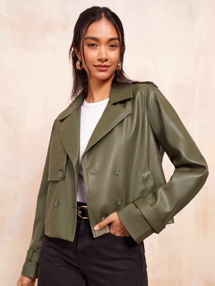 Friends Like These Khaki Faux Leather Short Trench Jacket - Image 1 of 4
