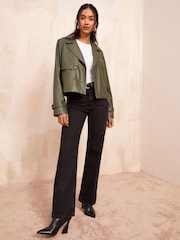 Friends Like These Khaki Faux Leather Short Trench Jacket - Image 2 of 4