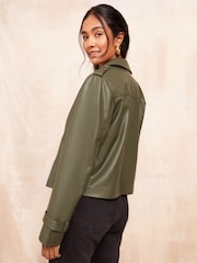 Friends Like These Khaki Faux Leather Short Trench Jacket - Image 4 of 4