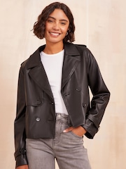 Friends Like These Black Faux Leather Short Trench Jacket - Image 3 of 4