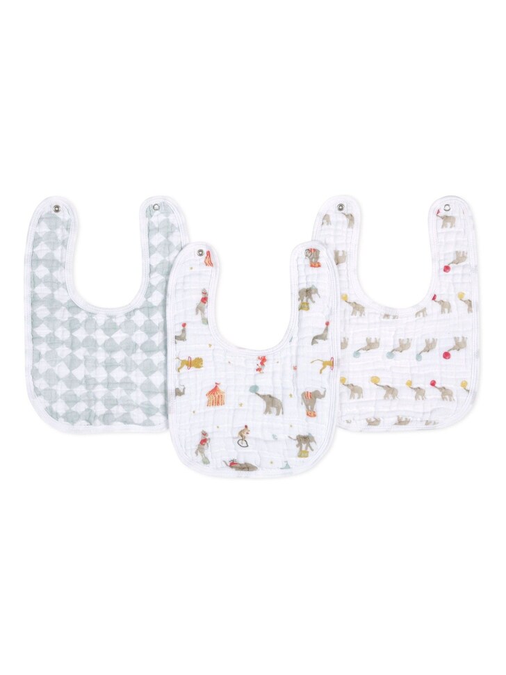 aden + anais White Essentials 100% Cotton Muslin Baby Snap Elephant Circus Bibs 3 Pack