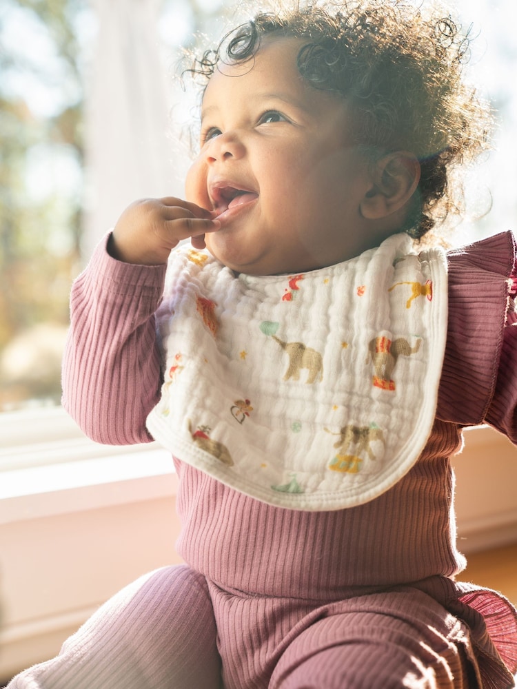 aden + anais White Essentials 100% Cotton Muslin Baby Snap Elephant Circus Bibs 3 Pack - Image 5 of 5 aden + anais White Essentials 100% Cotton Muslin Baby Snap Elephant Circus Bibs 3 Pack - Image 5 of 5