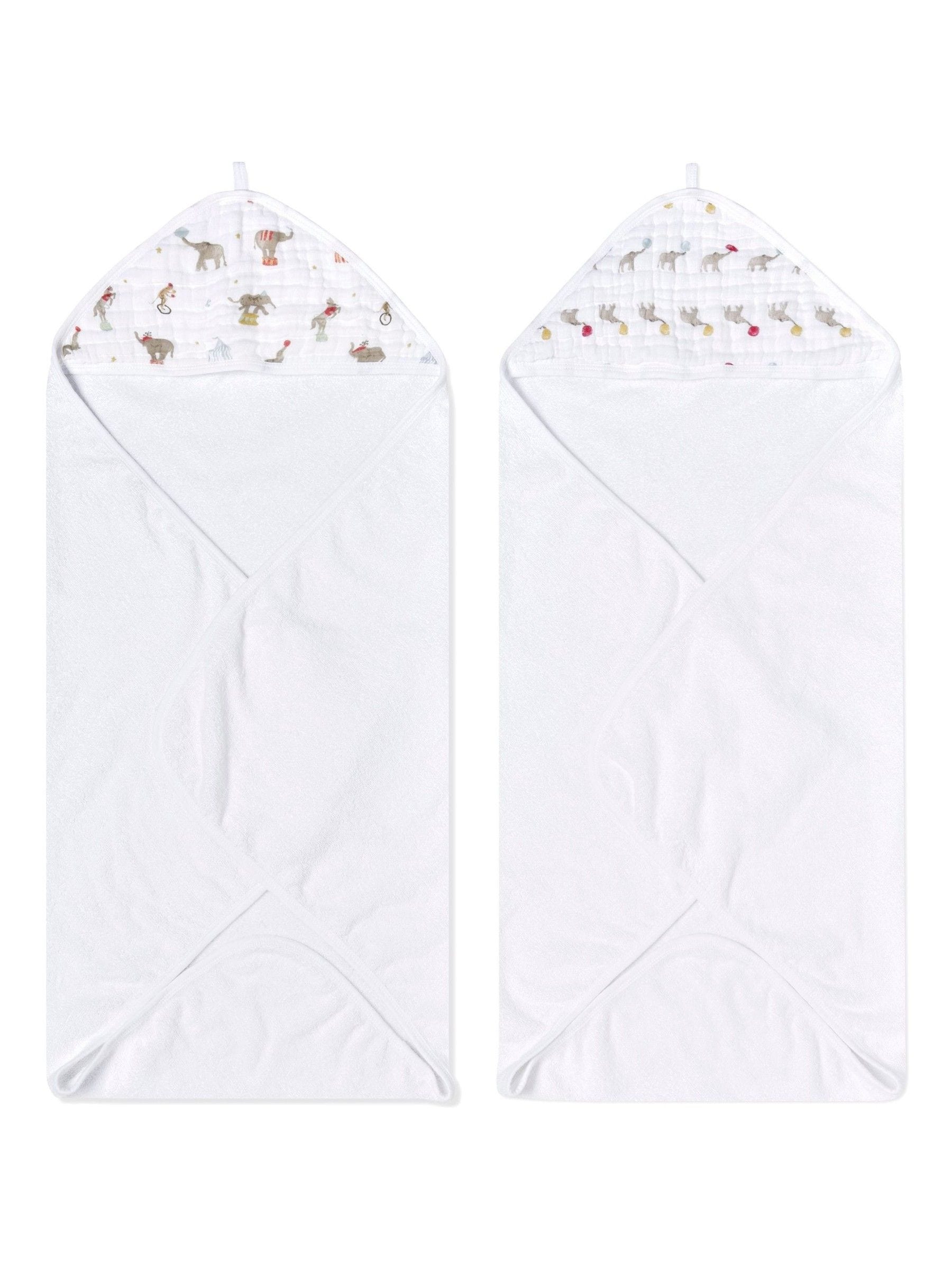 aden + anais White Essentials Hooded Elephant Circus 100% Cotton Towels 2 Pack view 1