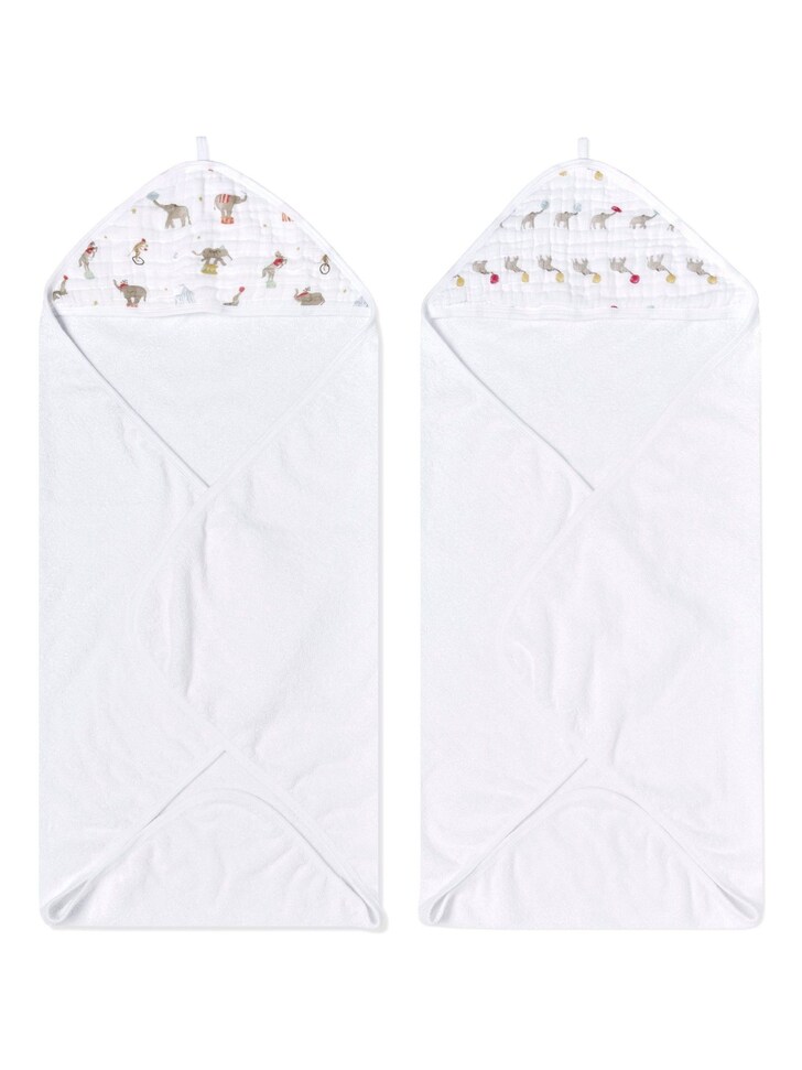 aden + anais White Essentials Hooded Elephant Circus 100% Cotton Towels 2 Pack