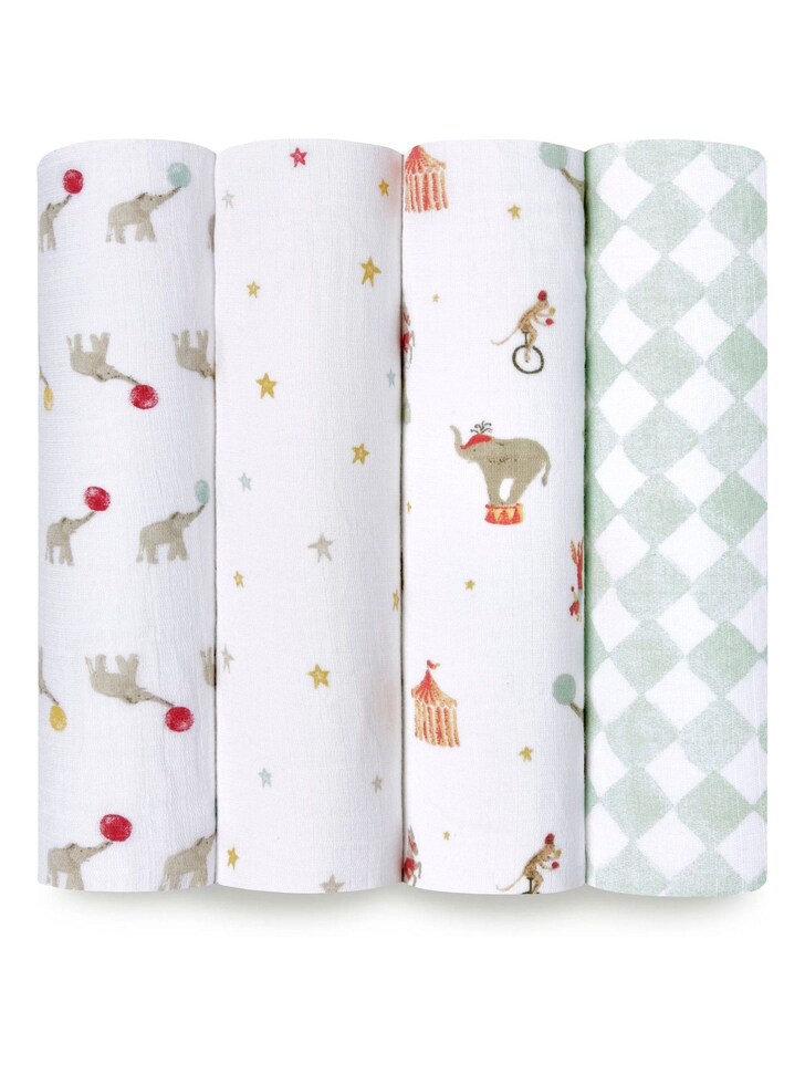 aden + anais White Essentials 100% Cotton Muslin Blanket Elephant Circus Muslins 4 Pack