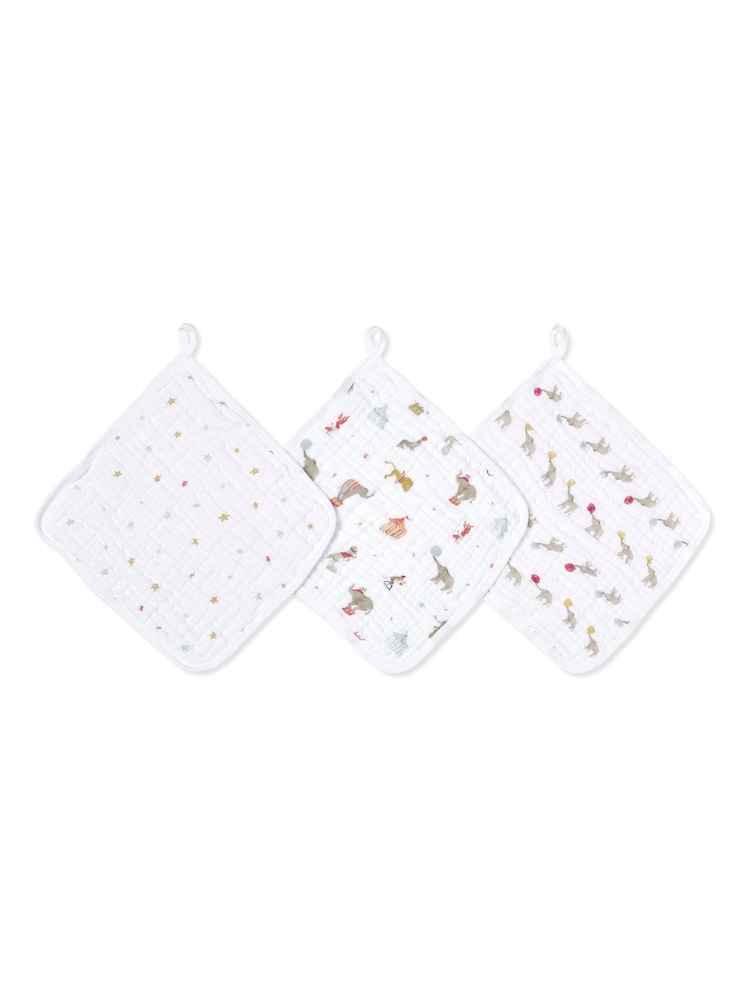 aden + anais White Essentials 100% Cotton Muslin Elephant Circus Washcloth 3 Pack - Image 1 of 3