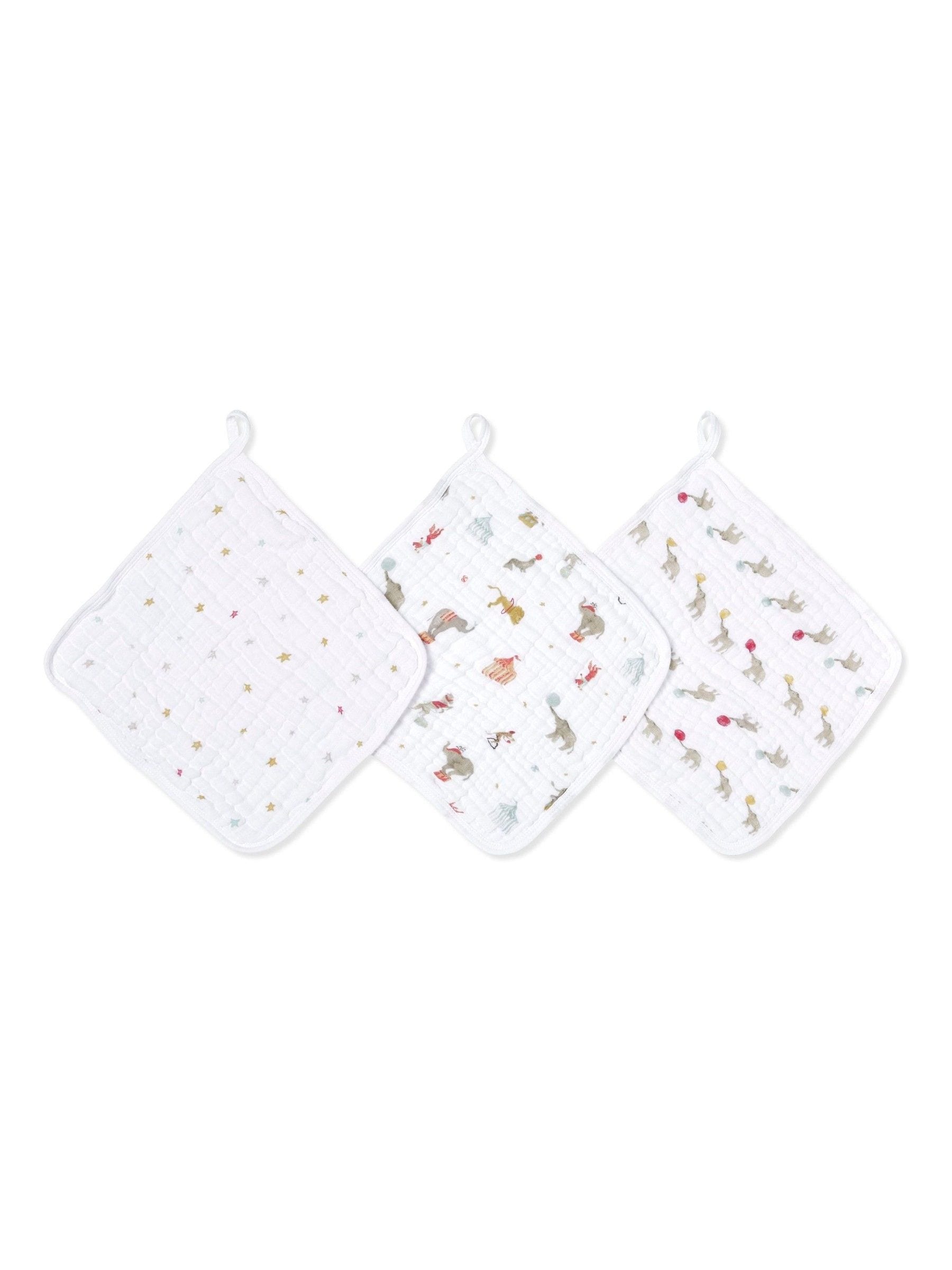 aden + anais White Essentials 100% Cotton Muslin Elephant Circus Washcloth 3 Pack view 1