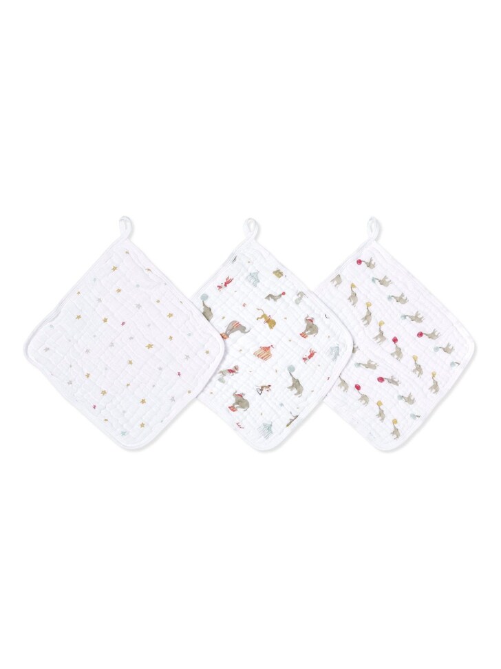 aden + anais White Essentials 100% Cotton Muslin Elephant Circus Washcloth 3 Pack