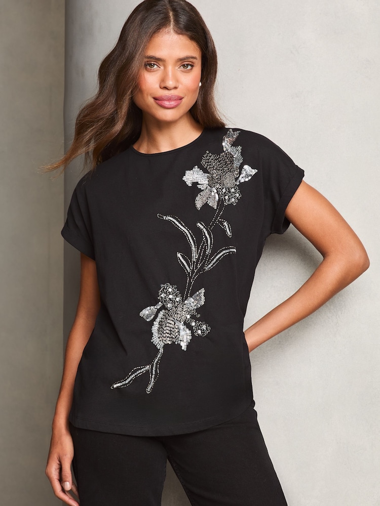 Lipsy Black Embellished Artwork T-Shirt - Image 1 of 4