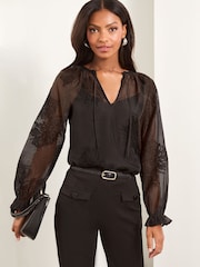 Lipsy Black Long Sleeve Ruffle Cuff Blouse With Floral Detail - Image 1 of 4