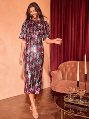 Love & Roses Silver Flutter Sleeve Sequin Midi Dress - Image 1 of 4