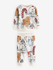 Cream/Red Single Soft Touch Christmas Fleece Pyjamas with Elastane (9mths-16yrs) - Image 1 of 4