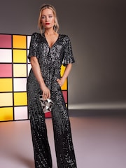 Love & Roses Black Sequin Flutter Sleeve Jumpsuit - Image 1 of 4