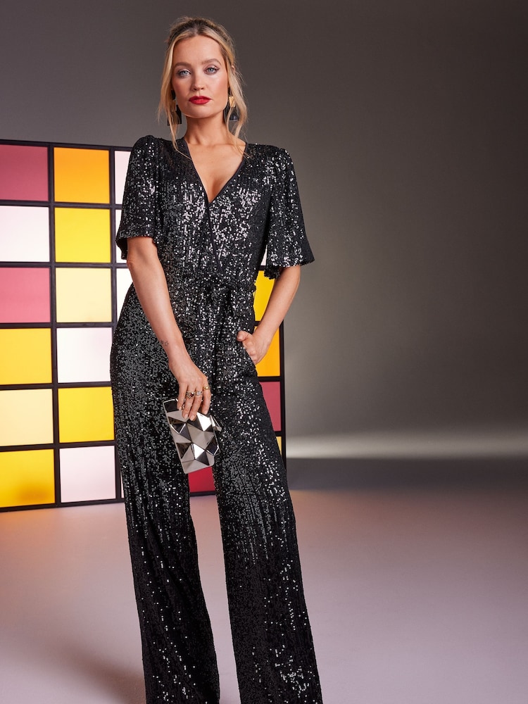 Love & Roses Black Sequin Flutter Sleeve Jumpsuit - Image 1 of 4