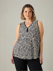 Live Unlimited Black Curve Mono Leaf Print Plissé Vest - Image 1 of 3