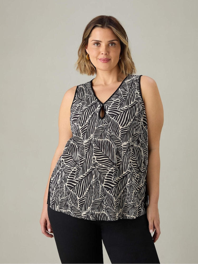 Live Unlimited Black Curve Mono Leaf Print Plissé Vest - Image 1 of 3