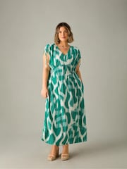 Live Unlimited Green Curve Geo Print Drawstring Maxi Dress - Image 3 of 7