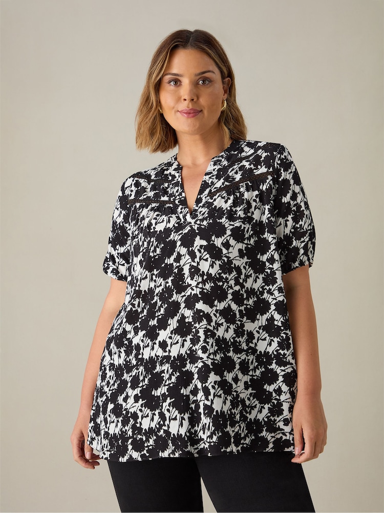 Live Unlimited Black Petite Curve Mono Print Trim Detail Blouse - Image 1 of 4