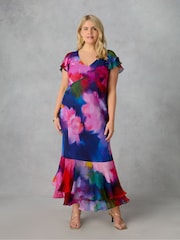 Mittelblau - Live Unlimited Curve Maxikleid mit Rüschen-Schulter und Animal-Burnout-Print - Bild 3 von 5