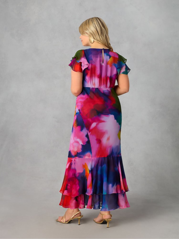 Mittelblau - Live Unlimited Curve Maxikleid mit Rüschen-Schulter und Animal-Burnout-Print - Bild 5 von 5