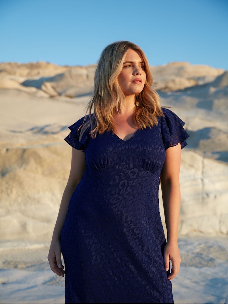 Live Unlimited Blue Curve Animal Burnout Ruffle Shoulder Maxi Dress - Image 2 of 6 Live Unlimited Blue Curve Animal Burnout Ruffle Shoulder Maxi Dress - Image 2 of 6