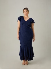 Blau - Live Unlimited Curve Maxikleid mit Rüschen-Schulter und Animal-Burnout-Print - Bild 3 von 6
