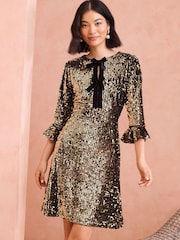 Love & Roses Gold Petite Sequin Mini Dress with Velvet Bow Detail - Image 1 of 4